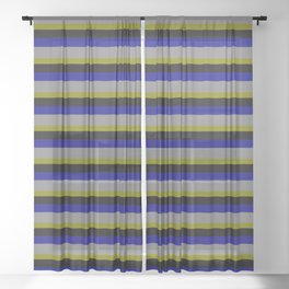 [ Thumbnail: Green, Black, Blue & Gray Colored Lined Pattern Sheer Curtain ]
