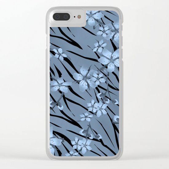 Blue flowers on blue tiger background. Clear iPhone Case