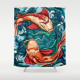 Japanese koi fish painting, koi fish couple in waves Shower Curtain