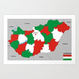 political map of hungary country with flag Art Print | Political, Illustration 