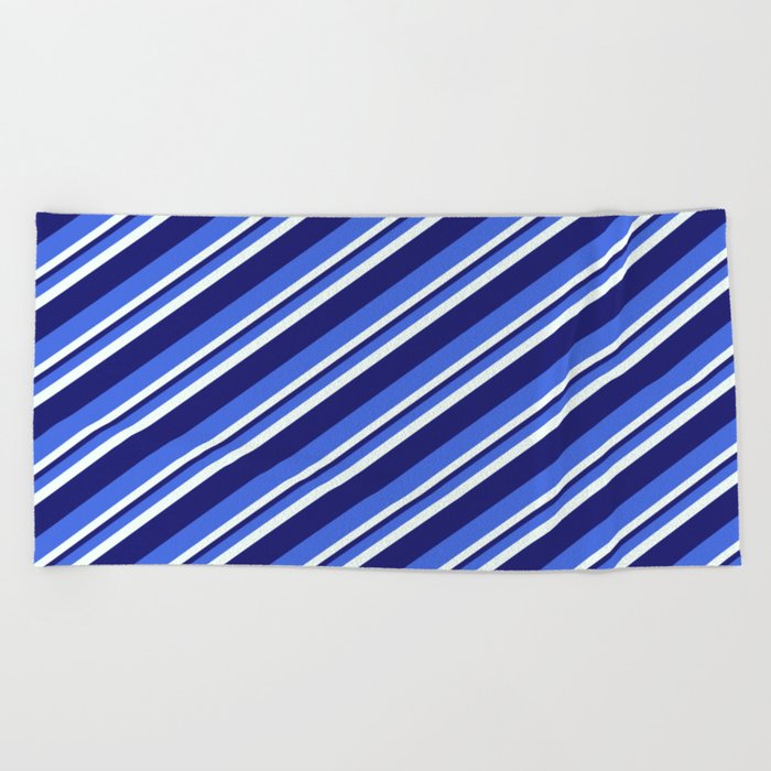 Royal Blue, Mint Cream & Midnight Blue Colored Striped Pattern Beach Towel