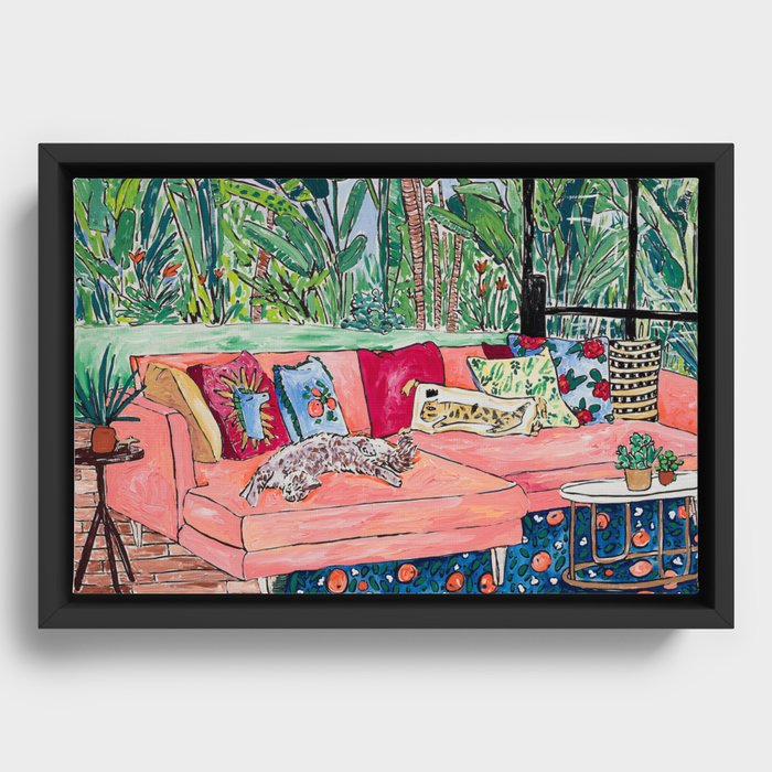Napping Brown Tabby Cat on Pink Couch with Jungle Background Painting After Matisse Framed Canvas
