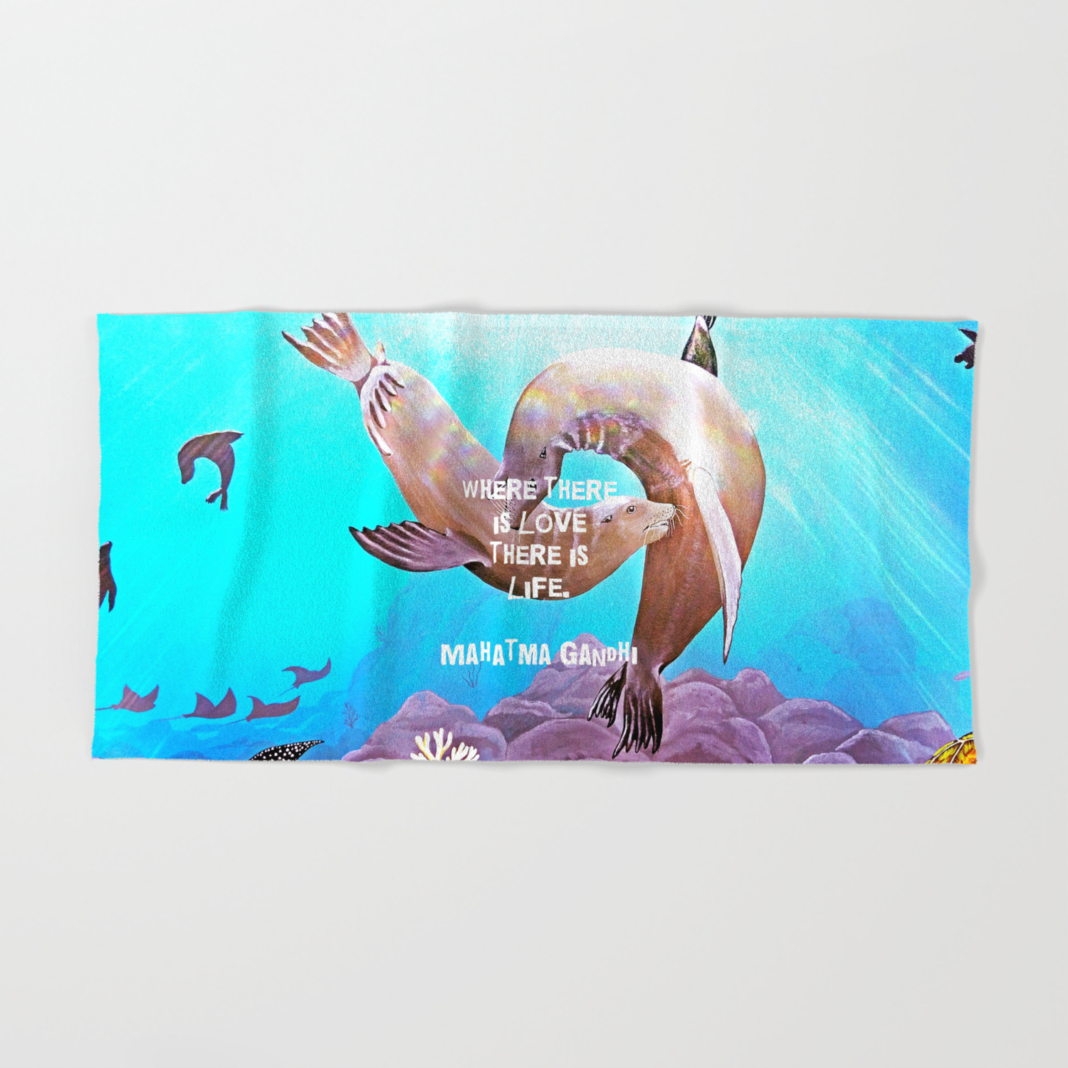 Inspirational Love Quote With Sea Lions Painting Hand Bath Towel