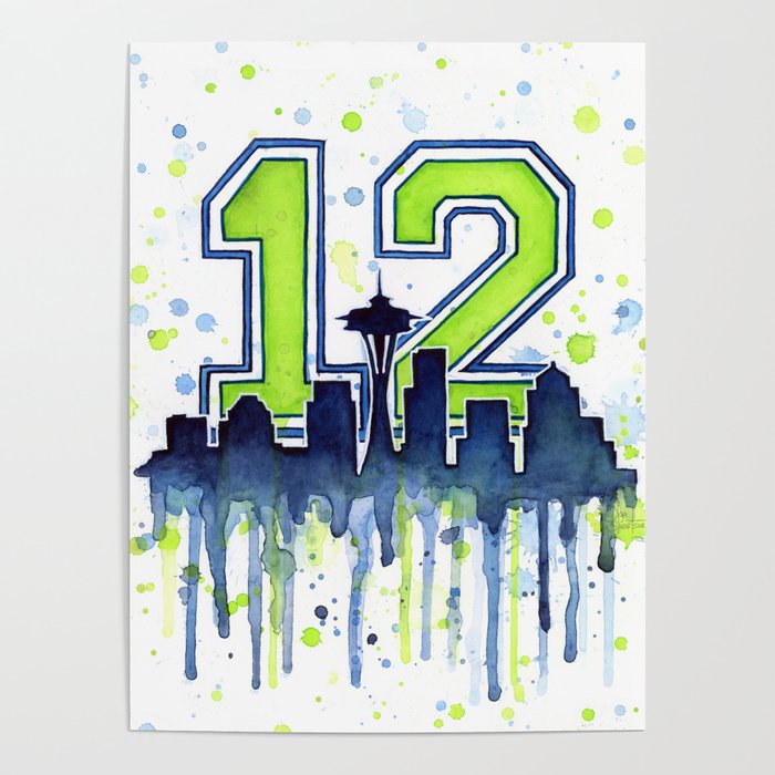 Seattle 12th Man Art Skyline Watercolor Poster