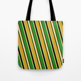 [ Thumbnail: Goldenrod, Tan, Forest Green, and Black Colored Striped/Lined Pattern Tote Bag ]