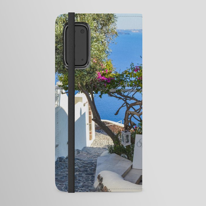 Santorini, Greece, Pink Flowers, Ocean View Android Wallet Case