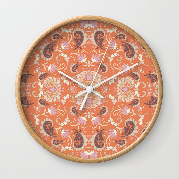 orange peach pink floral aesthetic bold paisley flower bohemian  Wall Clock