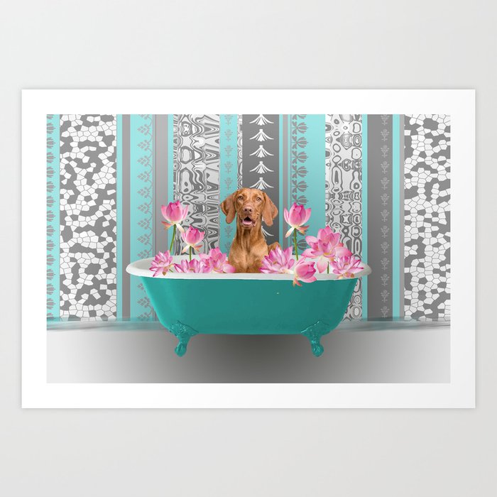 Bathtub with Weimaraner and Lotus Flowers Art Print