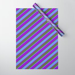 [ Thumbnail: Cornflower Blue, Dark Violet, and Dark Olive Green Colored Striped/Lined Pattern Wrapping Paper ]