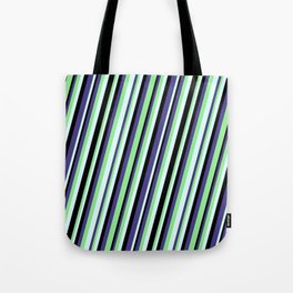 [ Thumbnail: Dark Slate Blue, Light Green, Light Cyan & Black Colored Lines/Stripes Pattern Tote Bag ]
