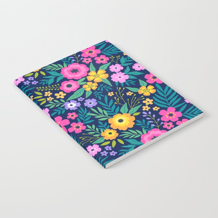 23 Amazing Floral Pattern With Bright Colorful Flowers Dark Blue Background Notebook By Ann And Pen