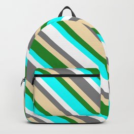 [ Thumbnail: Colorful Grey, Tan, Forest Green, Aqua & White Colored Pattern of Stripes Backpack ]