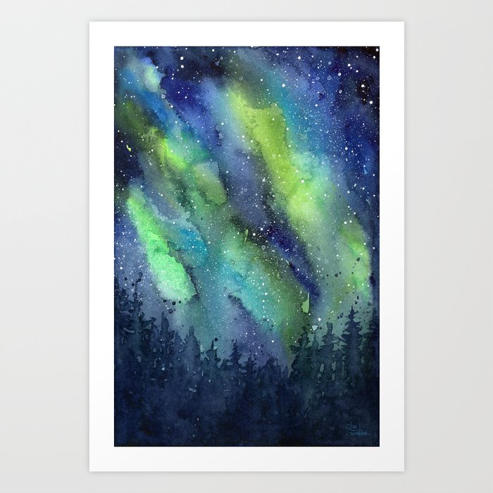 Galaxy Aurora Northern Lights Nebula Space Watercolor Art Print