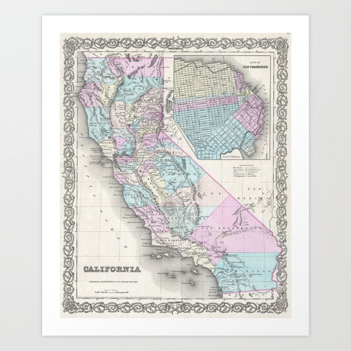 Vintage Map of California (1855) Art Print