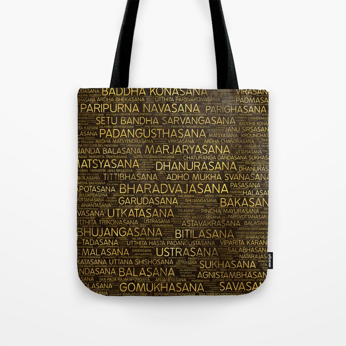 Gold Yoga Asanas / Poses Sanskrit Word Art Tote Bag by Creativemotions