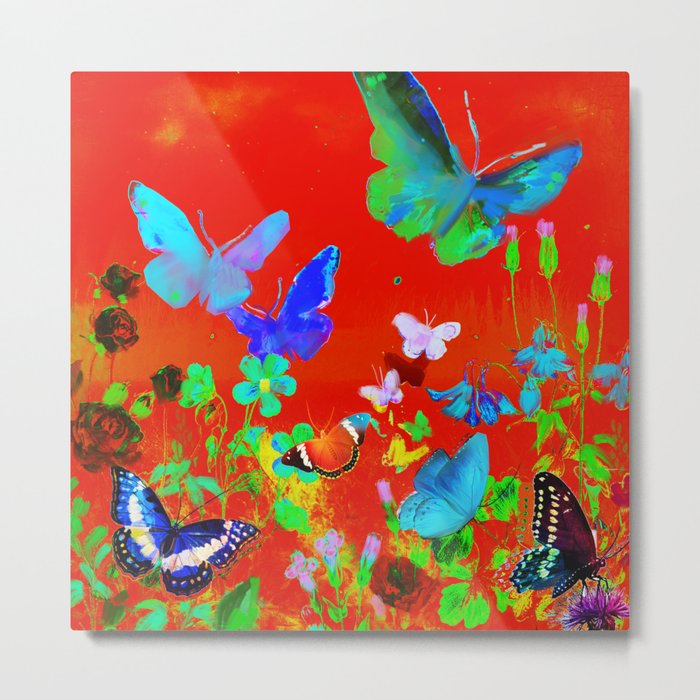 Red Butterflies & Flowers Metal Print