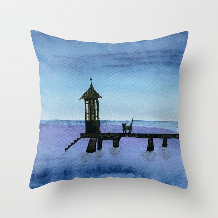 Cat waiting by the boathouse Throw Pillow