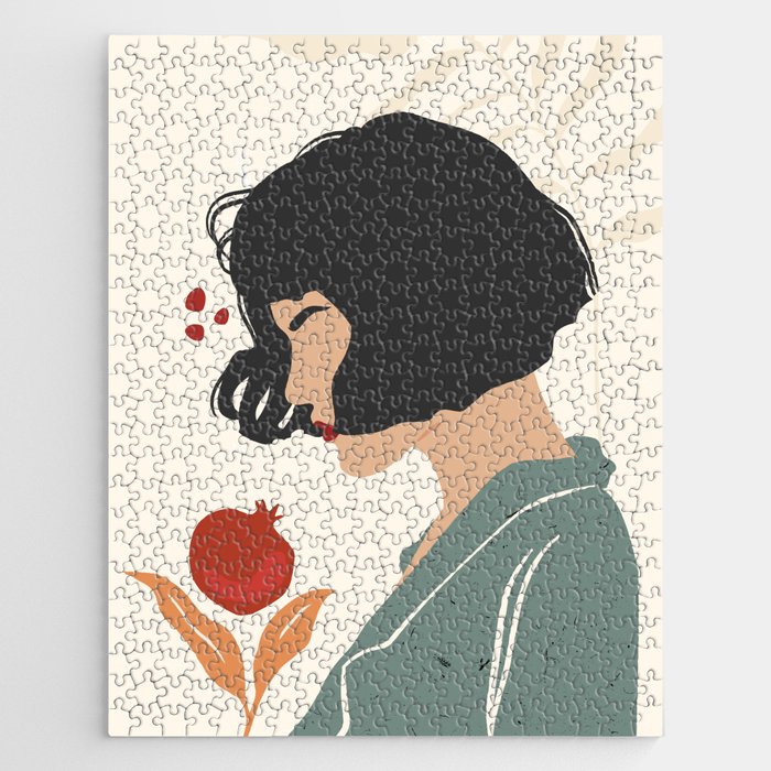 Abstract Boho Female Portrait in Beige and Sage Green Jigsaw Puzzle