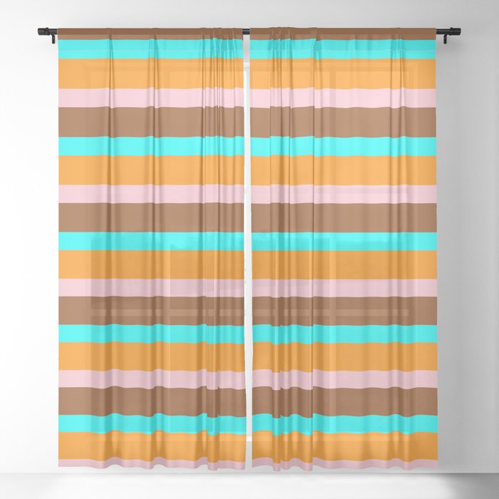 Dark Orange, Pink, Brown & Aqua Colored Lined Pattern Sheer Curtain