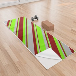 [ Thumbnail: Dark Red, Grey & Chartreuse Colored Lined/Striped Pattern Yoga Towel ]