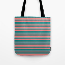[ Thumbnail: Light Coral and Teal Colored Lined Pattern Tote Bag ]