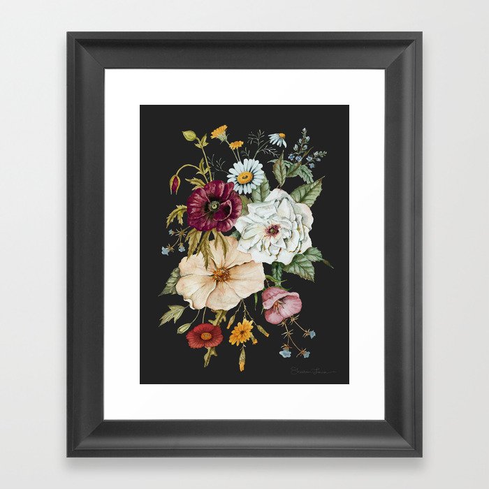 Colorful Wildflower Bouquet on Charcoal Black Framed Art Print