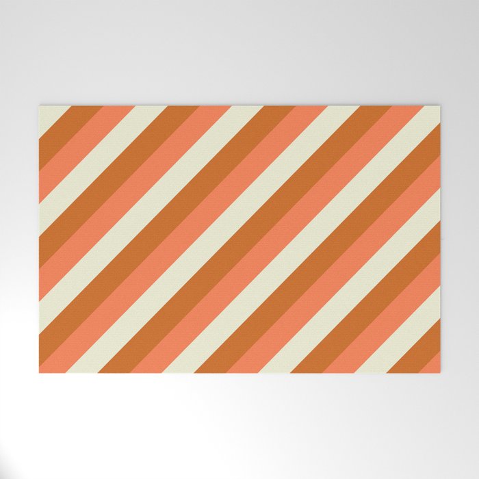 Beige, Chocolate, and Coral Colored Stripes Pattern Welcome Mat