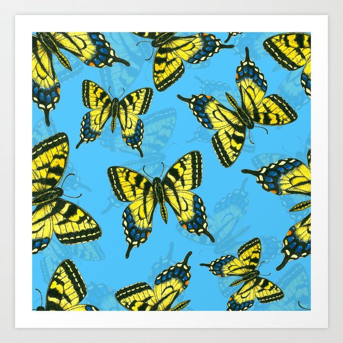 Tiger swallowtail butterfly watercolor pattern blue Art Print