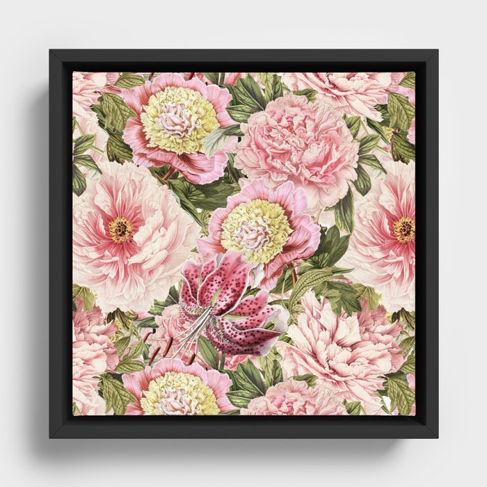 Vintage & Shabby Chic Floral Peony & Lily Flowers Watercolor Pattern Framed Canvas