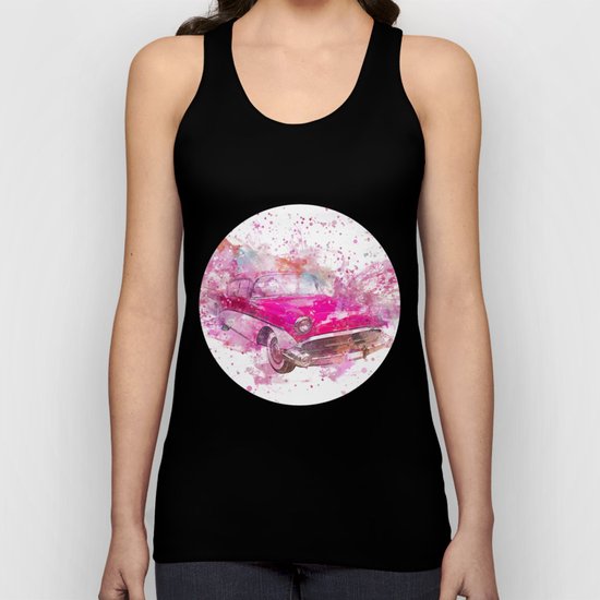 Pink Retro Car mixed media watercolor art Unisex Tank Top