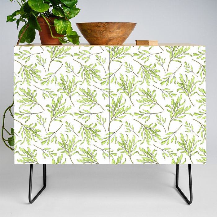 Tea tree leaves seamless pattern. Hand drawn vintage illustration of Melaleuca. Green medicinal plant isolated on white background.  Credenza