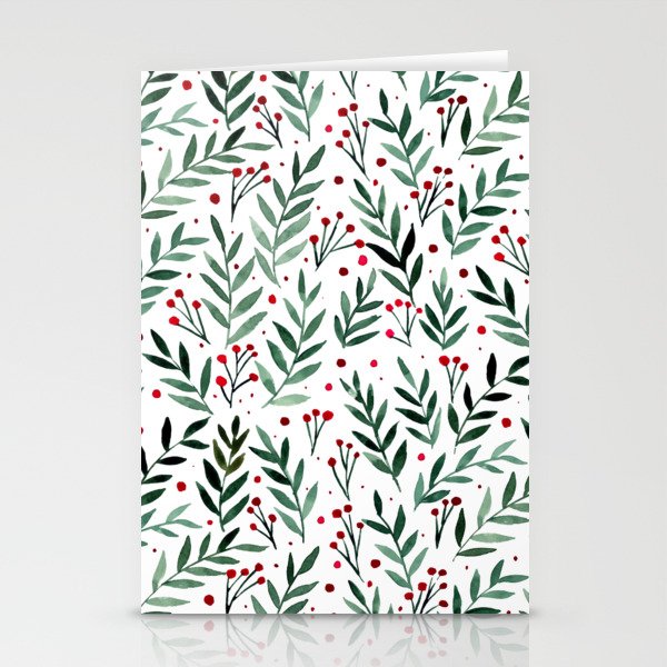 Festive watercolor branches - green and red Stationery Cards