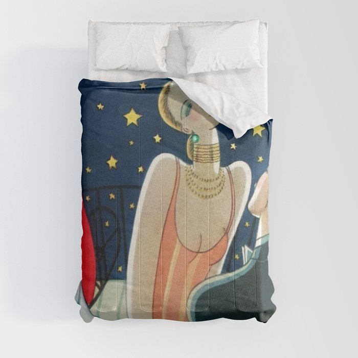 The Woman in Red & Stars, Art Deco - Haute Couture NYC Portrait Painting Comforter