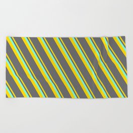 [ Thumbnail: Aquamarine, Yellow, and Dim Gray Colored Lined/Striped Pattern Beach Towel ]