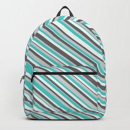 [ Thumbnail: Dim Grey, Light Grey, Turquoise & Mint Cream Colored Striped Pattern Backpack ]