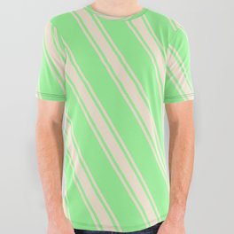 [ Thumbnail: Green and Beige Colored Stripes/Lines Pattern All Over Graphic Tee ]