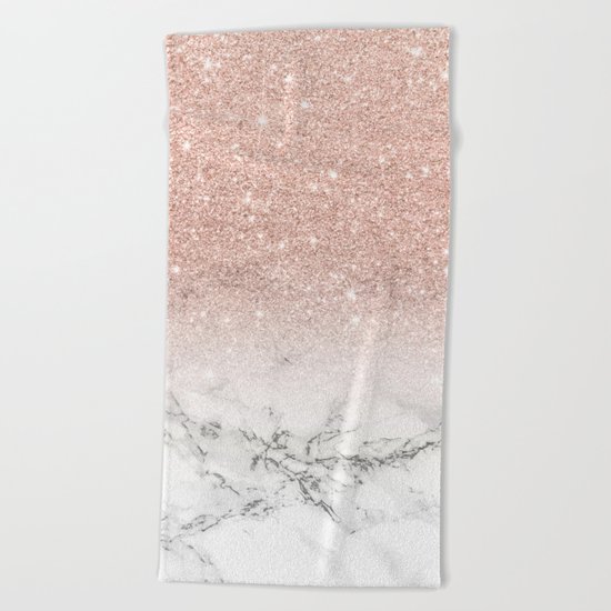 Modern faux rose pink glitter ombre white marble Beach Towel