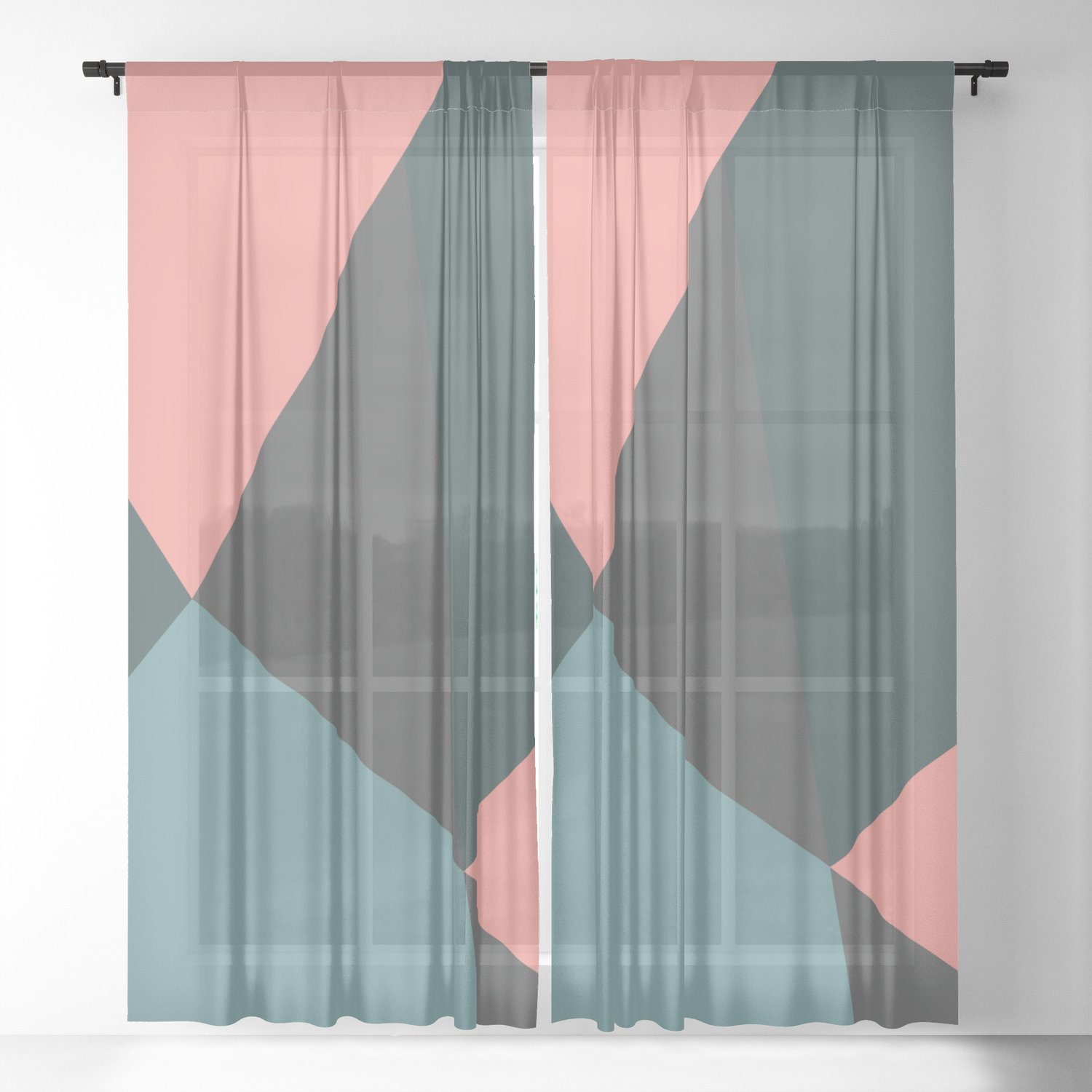 Broken Glass Blue Pink Abstract Graphic Sheer Curtain By