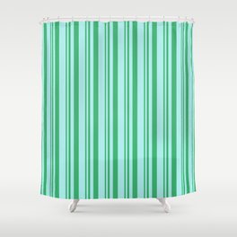 [ Thumbnail: Sea Green and Turquoise Colored Lined/Striped Pattern Shower Curtain ]