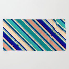 [ Thumbnail: Vibrant Dark Salmon, Tan, Dark Cyan, Dark Blue, and Light Sea Green Colored Striped/Lined Pattern Beach Towel ]