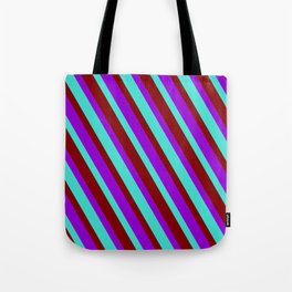 [ Thumbnail: Dark Violet, Turquoise & Maroon Colored Lines/Stripes Pattern Tote Bag ]