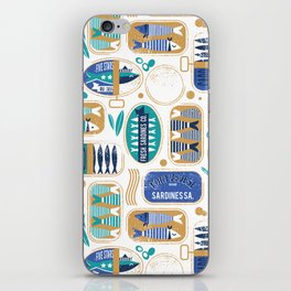 Vintage canned sardines // white background peacock teal and electric blue cans  iPhone Skin