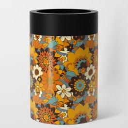 70s Retro Flower Power 60s floral Pattern Orange yellow Blue Can Cooler