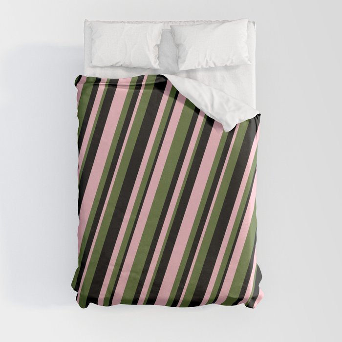 Pink, Dark Olive Green & Black Colored Stripes Pattern Duvet Cover