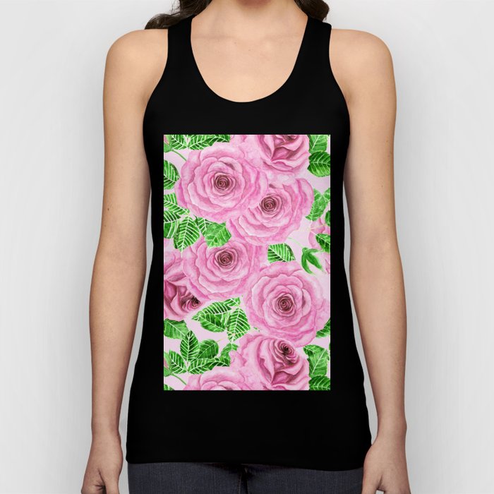 Pink watercolor roses with leaves and buds pattern Tank Top
