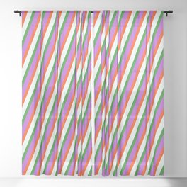 [ Thumbnail: Orchid, Red, Mint Cream, and Forest Green Colored Lines Pattern Sheer Curtain ]