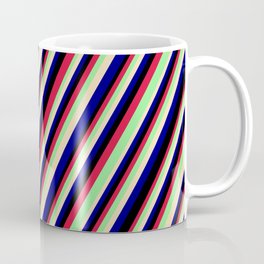 [ Thumbnail: Colorful Crimson, Light Green, Tan, Blue & Black Colored Lined Pattern Coffee Mug ]