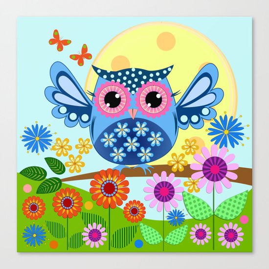 Spring owl in a Flower garden Canvas Print
