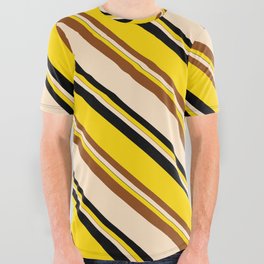 [ Thumbnail: Yellow, Brown, Bisque & Black Colored Pattern of Stripes All Over Graphic Tee ]