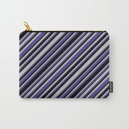 [ Thumbnail: Grey, Dark Slate Blue, and Black Colored Lined/Striped Pattern Carry-All Pouch ]